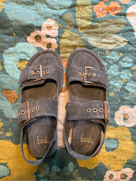 beek Shoes - beek Kids Suede Double-Buckle Sandals in Slate Blue with Gold Buckles